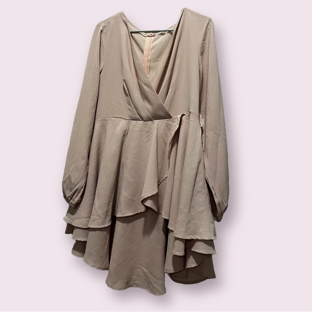 Pink V Neck Long Sleeve Dress